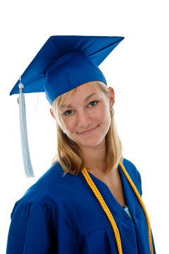 Teen girl in a blue graduation gown and mortar board
