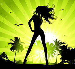 Summer holiday, beautiful girl silhouette on sunset