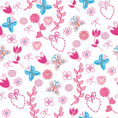 Seamless pink floral pattern with butterflies