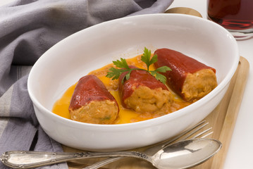 Spanish cuisine. Sweet peppers stuffed with salt cod.
