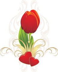 Tulip, hearts and gothic ornament. Vector
