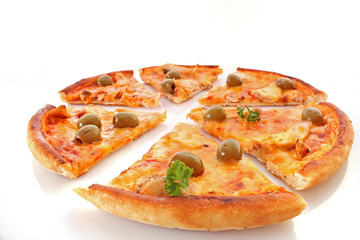 Tasty pizza with olives on white