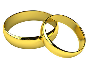 Two wedding gold rings on white background