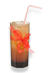 Cocktail in a glass, bound with ribbon.
