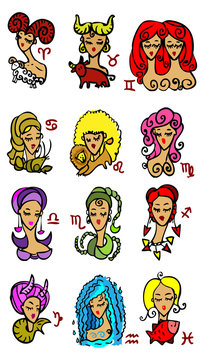 Horoscope woman Symbols, Astrology vector set 1