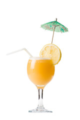 A cocktail with an lemon on a white background