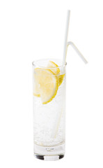 A cocktail with an lemon on a white background