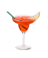 A cocktail with an lemon on a white background