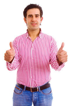 young casual men tumbs up on white background