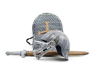 Toy armour of the knight: a board, a sword, a helmet