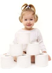 Baby girl with toilet paper