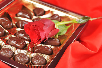 chocolates and rose on red