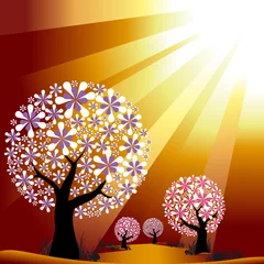 Poster Magische Welt Abstrakte Bäume auf goldenem Burst-Lichthintergrund