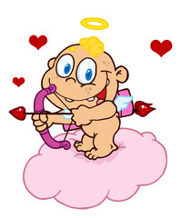 Cute Cupid with Bow and Arrow Flying With Hearts