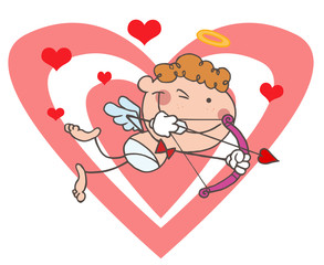 Cupid with Bow and Arrow Flying In Front Of A Heart