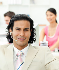 Close-up of a manager talking on headset