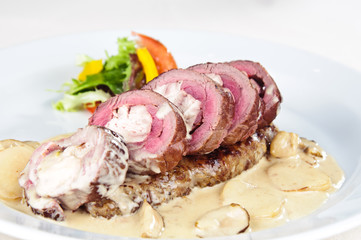 a hearty pork meat loaf with mushroom sauce