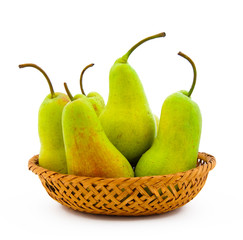Wattled dish filled with ripe pears