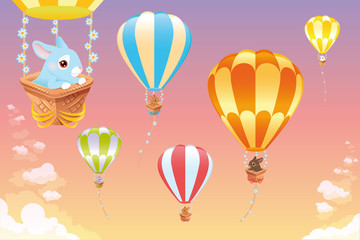 Hot air balloons in the sky with bunny. Cartoon and vector scene