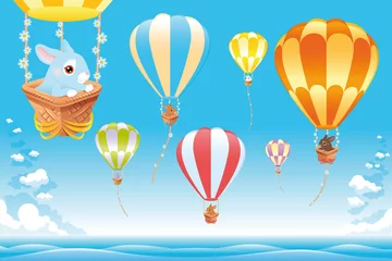  Heteluchtballonnen op de zee met konijntje. Cartoon- en vectorscène © ddraw