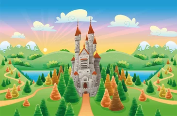  Panorama met middeleeuws kasteel. Cartoon en vectorillustratie © ddraw