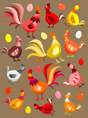 Hens, eggs and roosters background