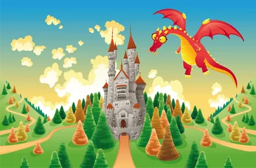Poster Im Rahmen Panorama mit mittelalterlicher Burg und Drachen. Vektor-Illustration © ddraw