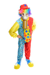 Some clownwearing a gas mask