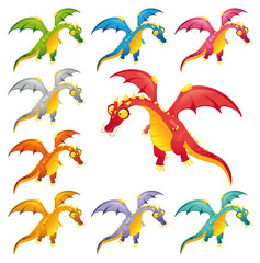 Set of colored dragons. Cartoon and vector characters.