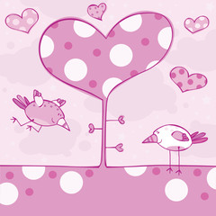 Spring pink tree with birdies  and hearts