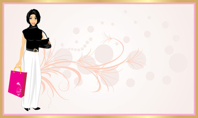 Fashionable beautiful woman with handbag and package. Card