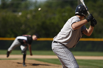 batter about to hit a pitch during a baseball game - obrazy, fototapety, plakaty