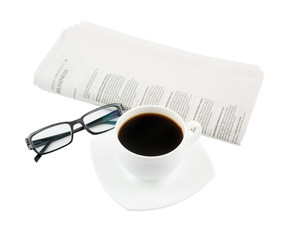 Coffee cup with glasses and newspaper isolated