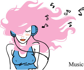 Girl in a blue t-shirt listening to music