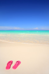 Fototapeta na wymiar A pair of pink sandals on a gorgeous tropical beach