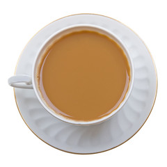 Close-up of coffee with milk cup on isolated white