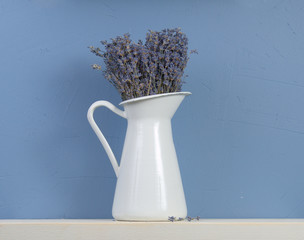Blue and white still-life with lavender