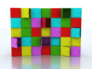 Empty boxes in different colors with doors