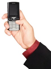 Businessman's hand holding a cell phone - isolated on white