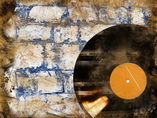 Grunge music background with vinyl disc