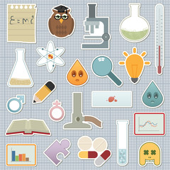 Science icon stickers vector clipart chemistry physics biology test tube microscope experiments on graph paper background