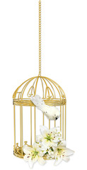 gold cage with flowers and bird