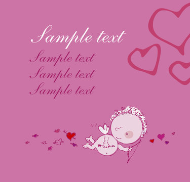 Pink greeting card with cupid and place for text