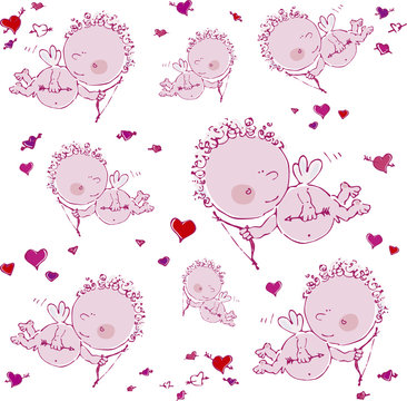 Seamless background with cupids and hearts