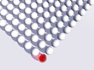 Conceptual crowd of spheres with one red glass sphere