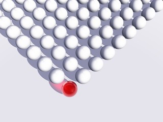 Conceptual crowd of spheres with one red glass sphere
