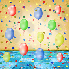 The dance room for the holidays with balloons, streamers and con