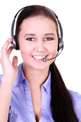 Close-up face of smiling woman in headphones