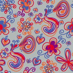 Fototapeta na wymiar Seamless pattern with bright flowers and imagery objects