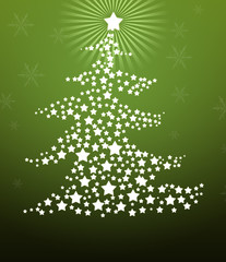 Christmas tree made of stars on green background